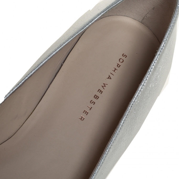 Pre Owned Sophia Webster Silver Leather Bibi Butterfly Ballet Flats Size 39.5