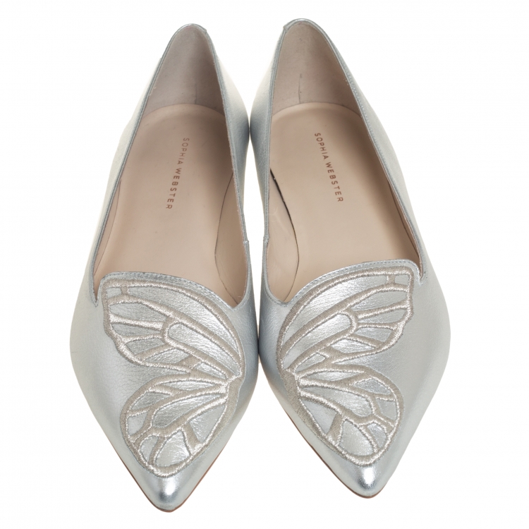 Pre Owned Sophia Webster Silver Leather Bibi Butterfly Ballet Flats Size 39.5