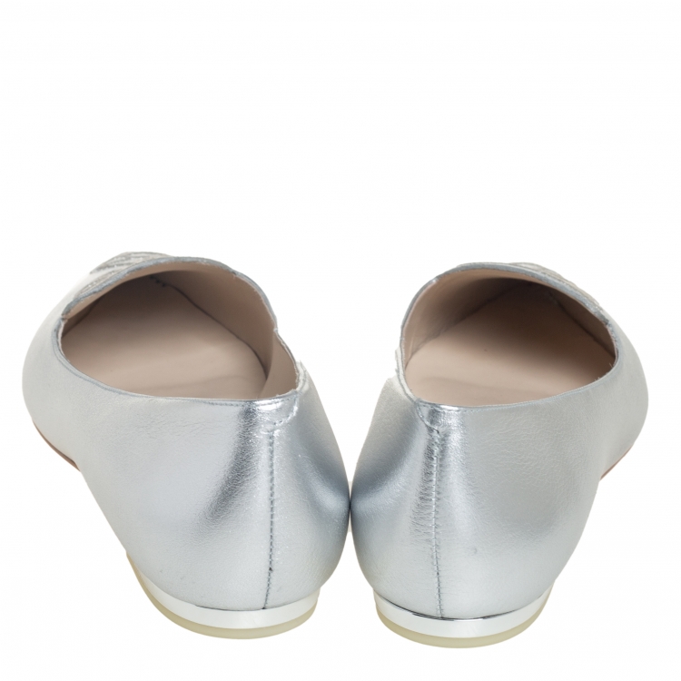 Pre Owned Sophia Webster Silver Leather Bibi Butterfly Ballet Flats Size 39.5