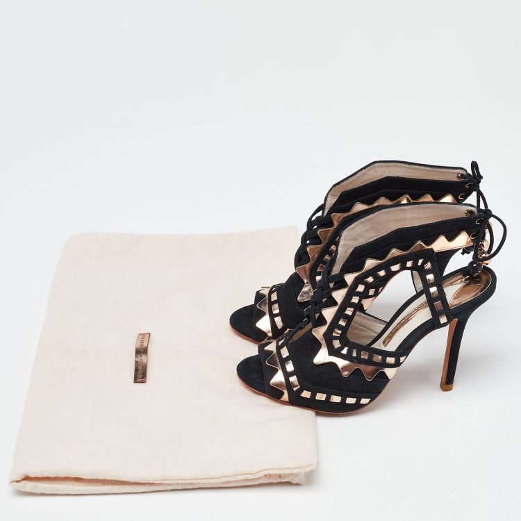 Pre Owned Sophia Webster Black/Metallic Suede and Leather Riko Peep Toe Ankle Tie Sandals Size 36