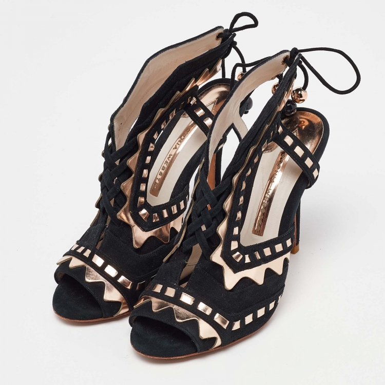 Pre Owned Sophia Webster Black/Metallic Suede and Leather Riko Peep Toe Ankle Tie Sandals Size 36