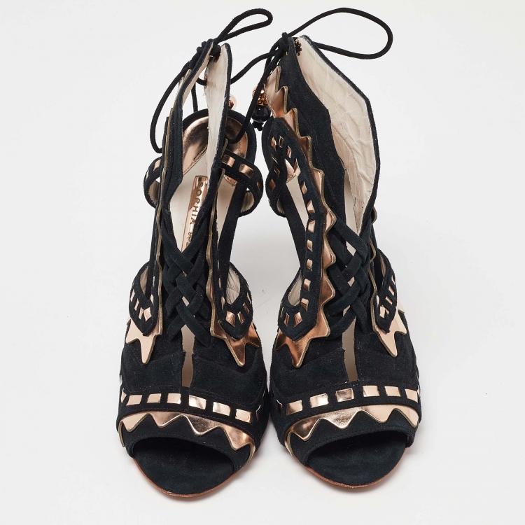 Pre Owned Sophia Webster Black/Metallic Suede and Leather Riko Peep Toe Ankle Tie Sandals Size 36
