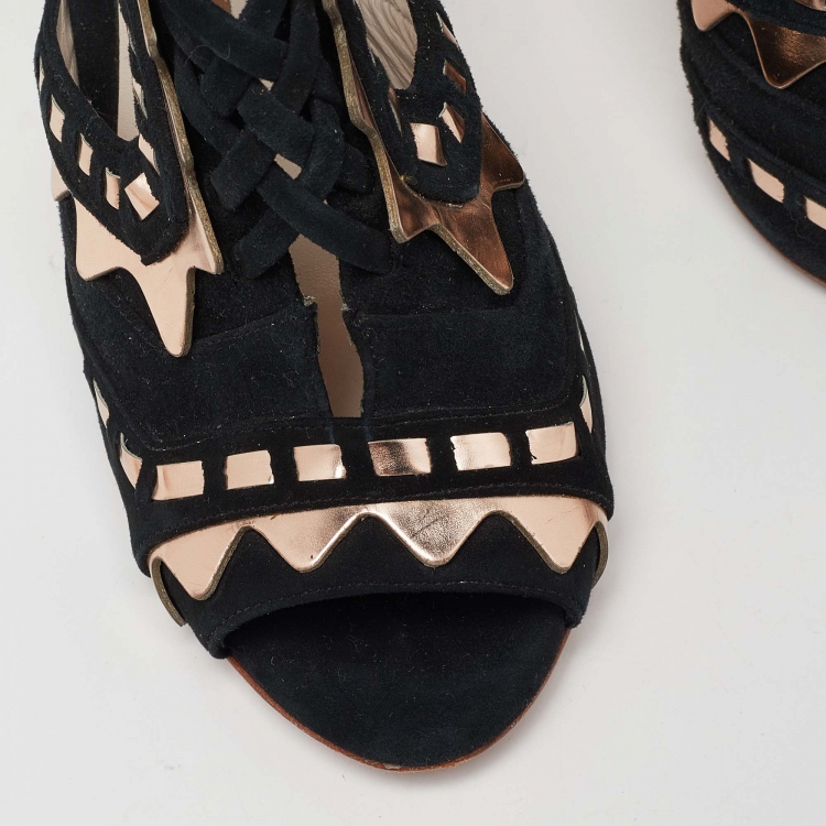 Pre Owned Sophia Webster Black/Metallic Suede and Leather Riko Peep Toe Ankle Tie Sandals Size 36