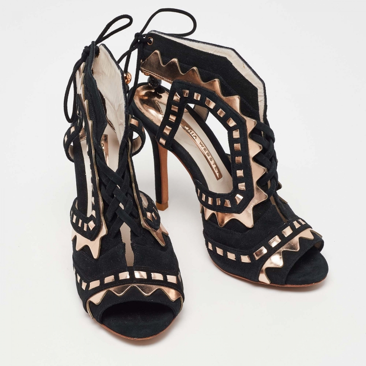 Pre Owned Sophia Webster Black/Metallic Suede and Leather Riko Peep Toe Ankle Tie Sandals Size 36