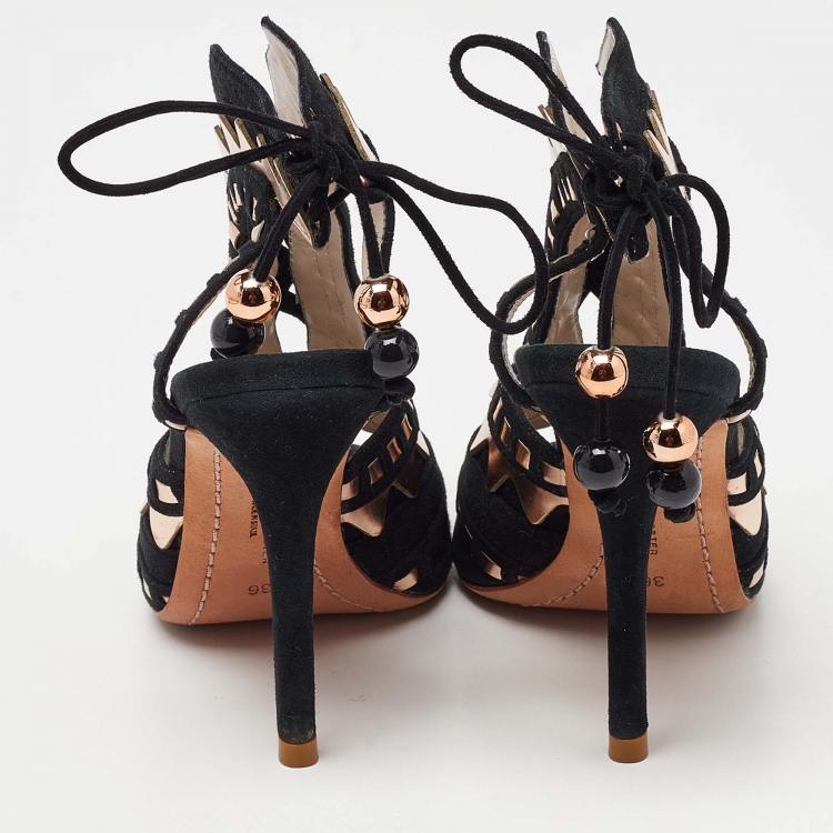 Pre Owned Sophia Webster Black/Metallic Suede and Leather Riko Peep Toe Ankle Tie Sandals Size 36