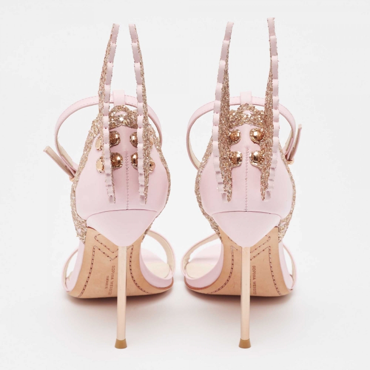 Pre Owned Sophia Webster  Pink Leather and Glitter Evangeline Ankle Strap Sandals Size 38.5