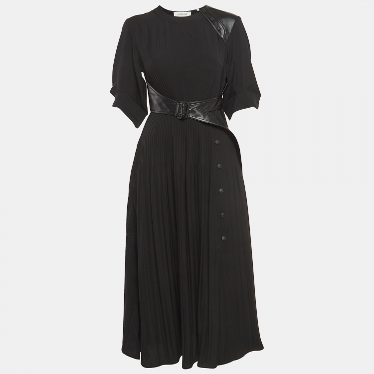 Pre Owned Sportmax Black Leather Trim Crepe Pleated Midi Dress S