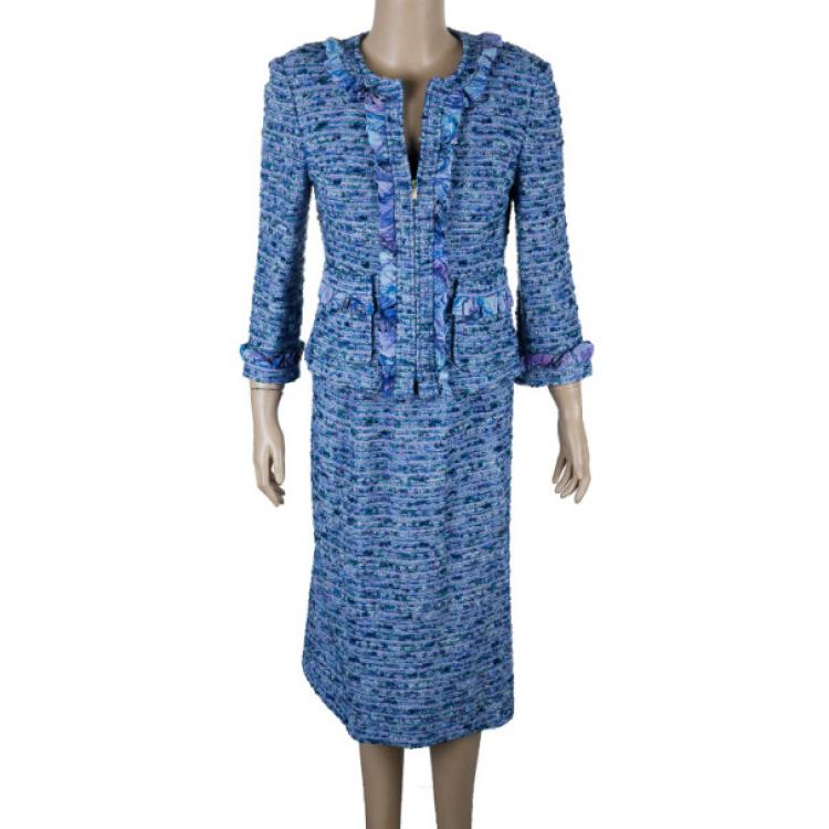 Pre Owned St. John Blue Tweed Skirt Suit S