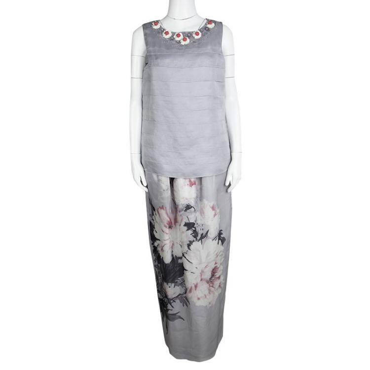Pre Owned St. John Grey Silk Floral Embellished Top and Printed Maxi Skirt Set M