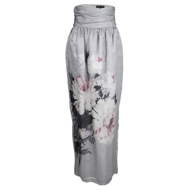 Pre Owned St. John Grey Silk Floral Embellished Top and Printed Maxi Skirt Set M