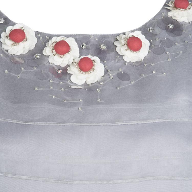 Pre Owned St. John Grey Silk Floral Embellished Top and Printed Maxi Skirt Set M