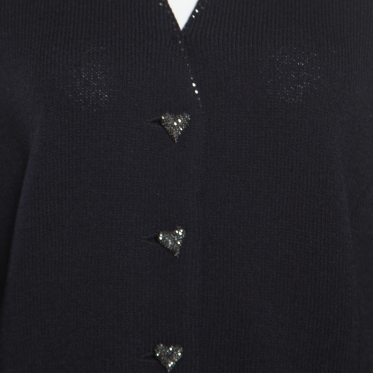 Pre Owned St. John Evening Navy Blue Wool Embellished Heart Buttoned Cardigan L