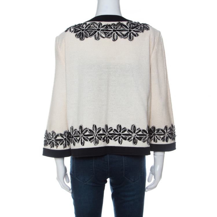 Pre Owned St. John Cream and Black Floral Applique Knit Jacket XL