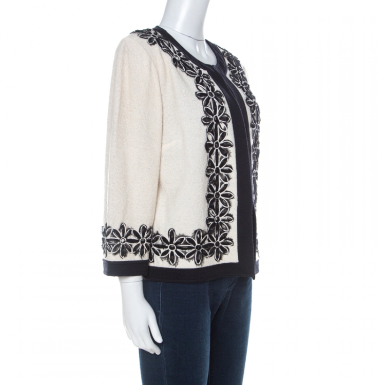 Pre Owned St. John Cream and Black Floral Applique Knit Jacket XL