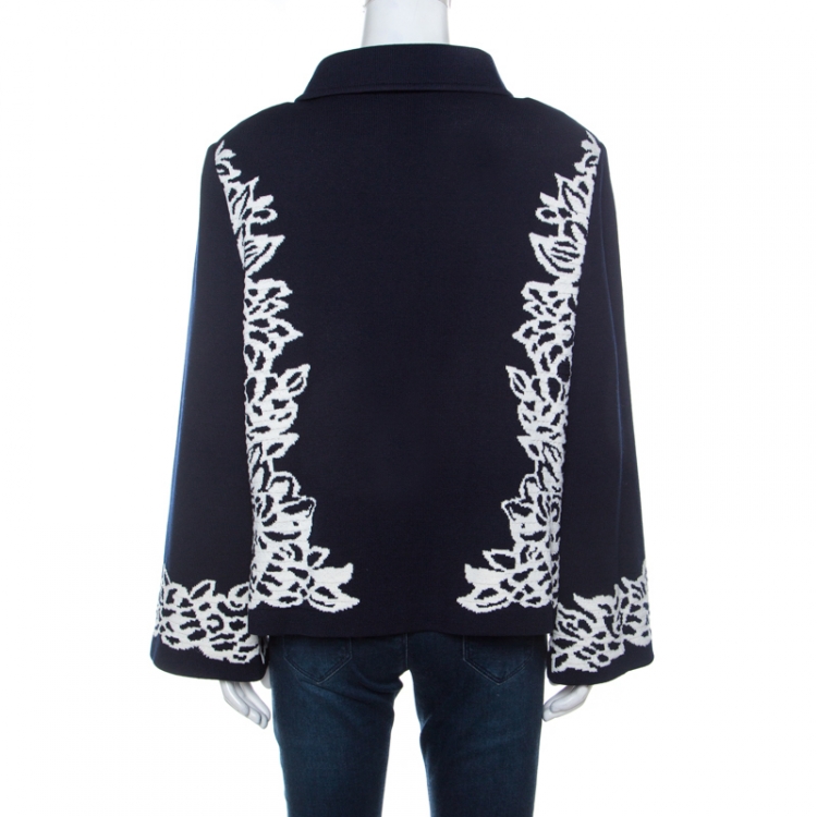 Pre Owned St. John Navy Blue Floral Patterned Knit Flared Sleeve Jacket XL 