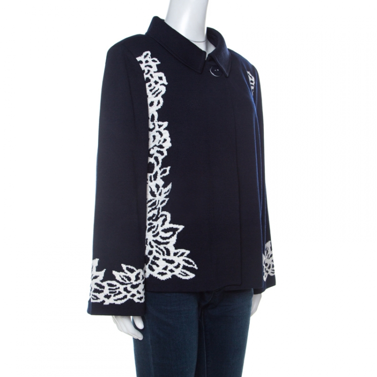 Pre Owned St. John Navy Blue Floral Patterned Knit Flared Sleeve Jacket XL 