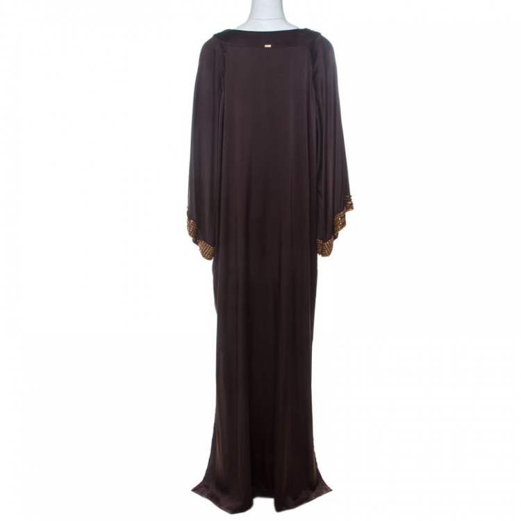 Pre Owned St. John Brown Stretch Silk Beaded Trim Kaftan Dress L