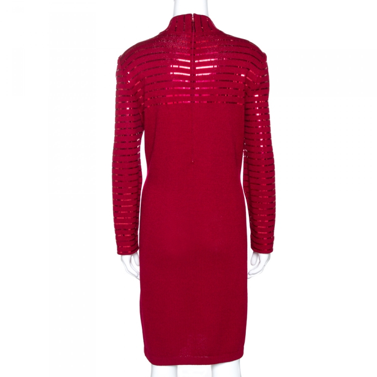 Pre Owned St. John Evening Maroon Knit Embellished Mock Neck Dress L