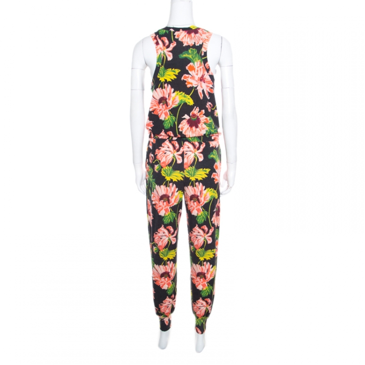 Pre Owned Stella McCartney Black Floral Intarsia Knit Waist Tie Detail Jumpsuit M