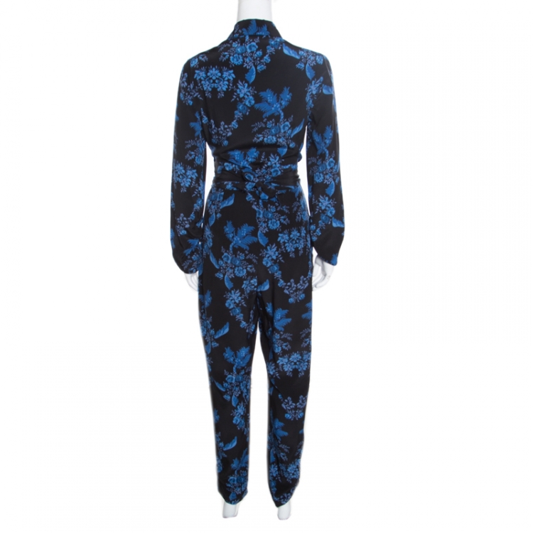 Pre Owned Stella McCartney Black and Blue Floral Printed Silk Belted Natalia Jumpsuit M