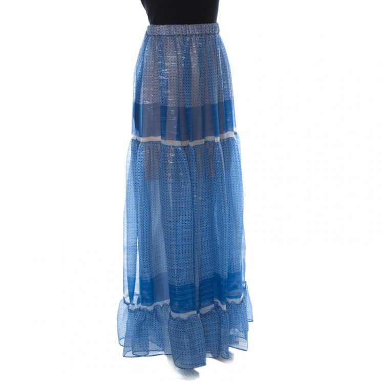 Pre Owned Stella McCartney Blue Printed Silk-Blend Chiffon Tiered Maxi Elsa Skirt XL