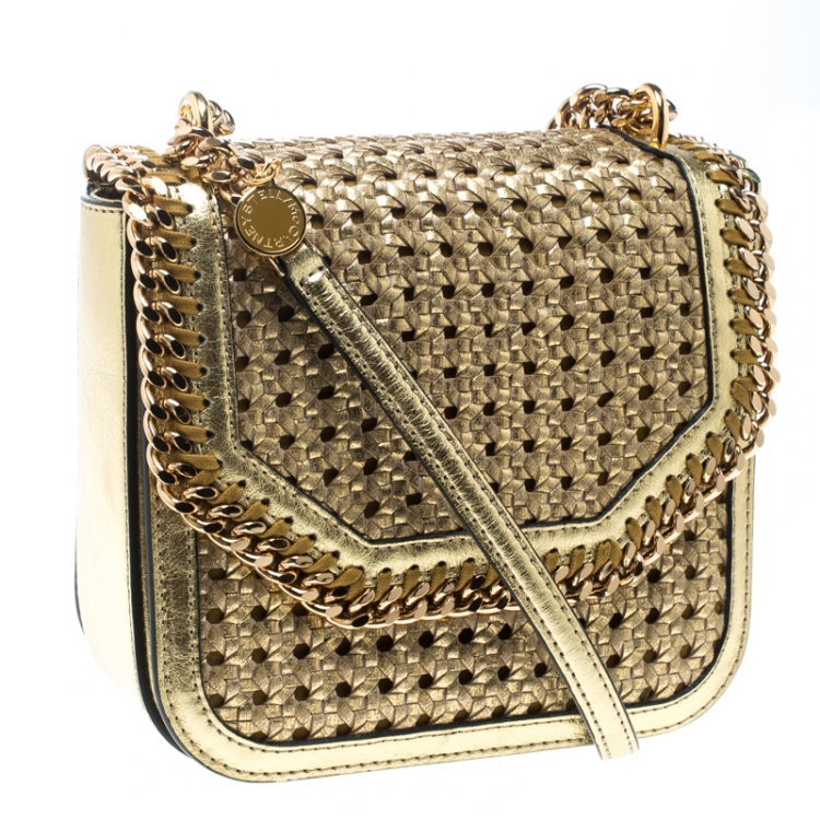 Pre Owned Stella McCartney Metallic Gold Wicker Faux Leather Medium Falabella Box Shoulder Bag  