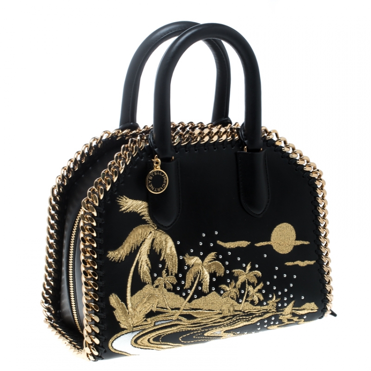 Pre Owned Stella McCartney Black Leather Tiny Hawallan Embroidered Top Handle Shoulder Bag
