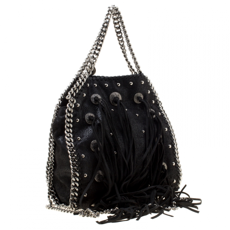 مملوكة مسبقًا Stella McCartney Black Faux Leather Mini Falabella Conchos Fringe Tote