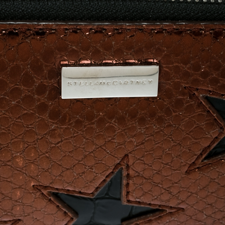 Pre Owned Stella McCartney Metallic Brown Faux Leather Stars Zip Around Wallet
