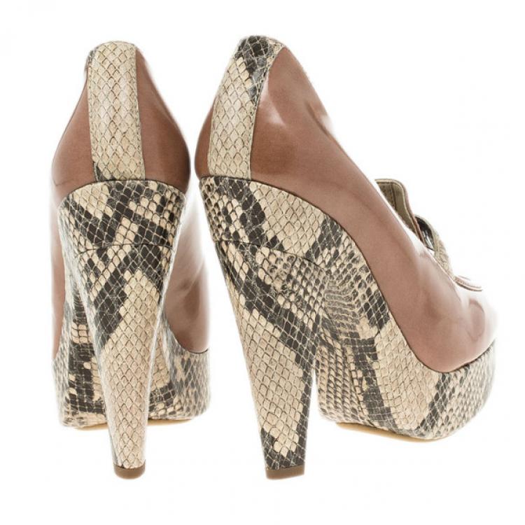 Pre Owned Stella McCartney Brown Faux Leather Python Effect Mary Platform Loafer Pumps Size 39
