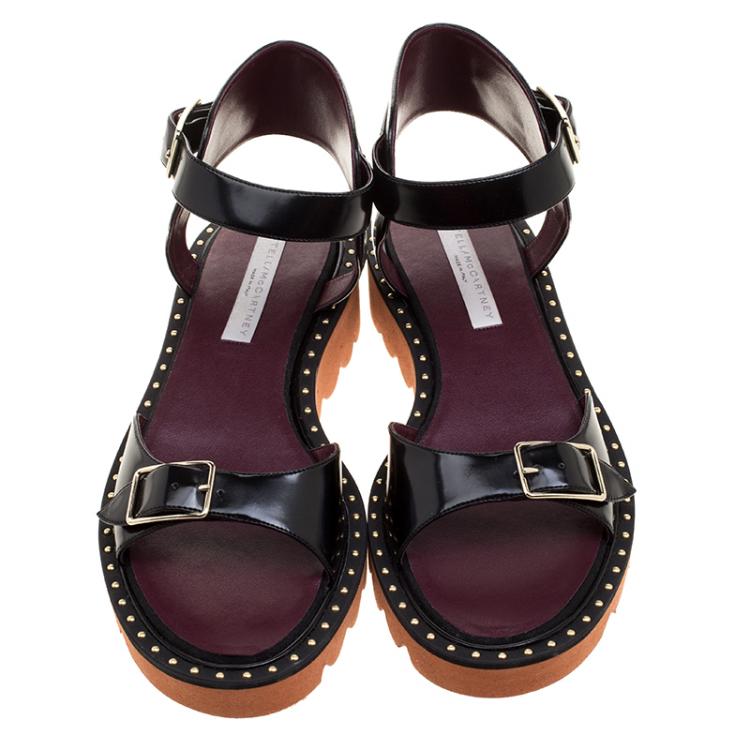 Pre Owned Stella McCartney Black Faux Leather Odette Studded Flat Sandals Size 41