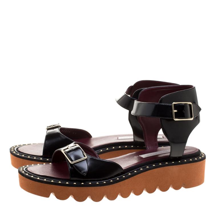 Pre Owned Stella McCartney Black Faux Leather Odette Studded Flat Sandals Size 41
