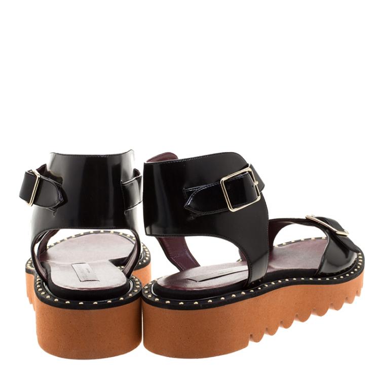 Pre Owned Stella McCartney Black Faux Leather Odette Studded Flat Sandals Size 41