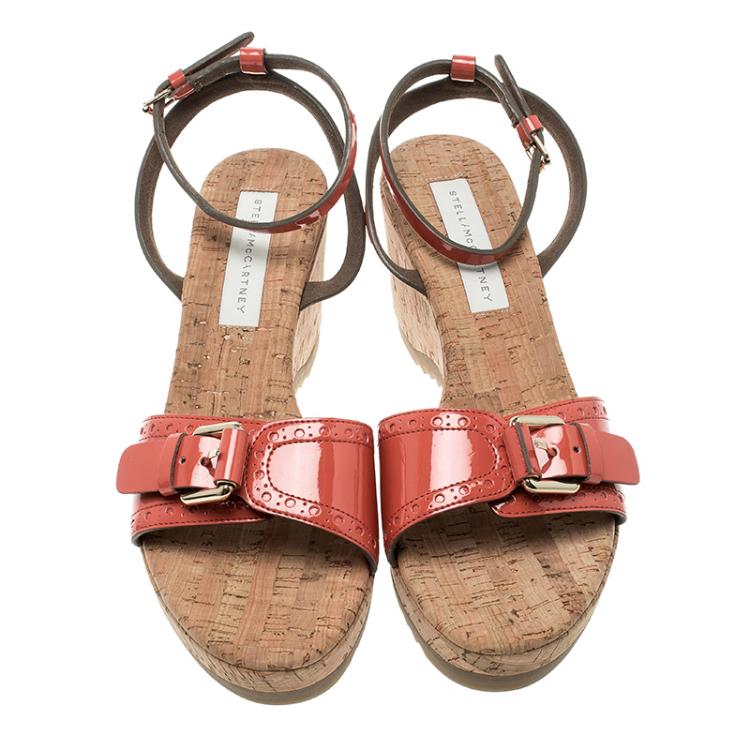 Pre Owned Stella McCartney Imperial Red Faux Patent Leather Linda Cork Wedge Sandals Size 41