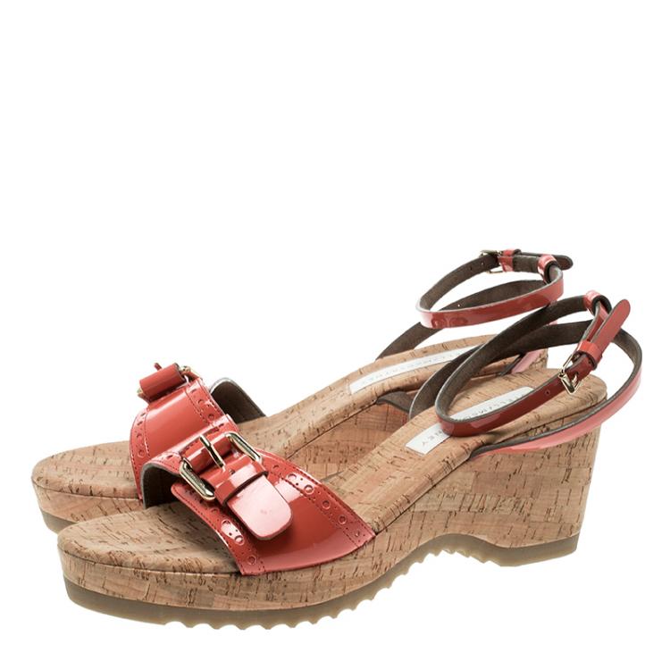 Pre Owned Stella McCartney Imperial Red Faux Patent Leather Linda Cork Wedge Sandals Size 41