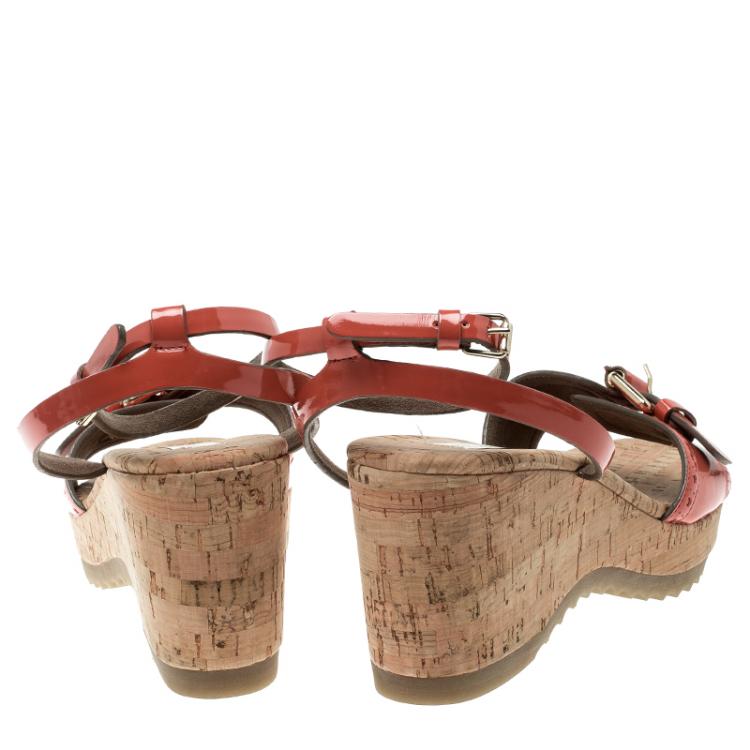 Pre Owned Stella McCartney Imperial Red Faux Patent Leather Linda Cork Wedge Sandals Size 41