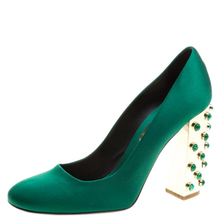 Pre Owned Stella McCartney Green Satin Cabochon Stone Embellished Pumps Size 40