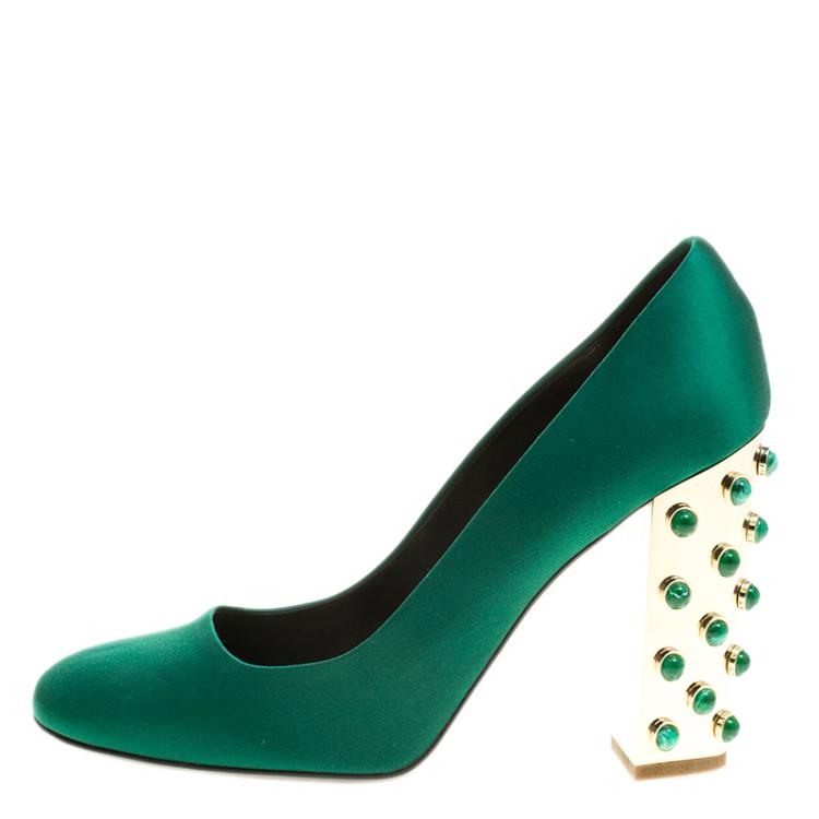 Pre Owned Stella McCartney Green Satin Cabochon Stone Embellished Pumps Size 40