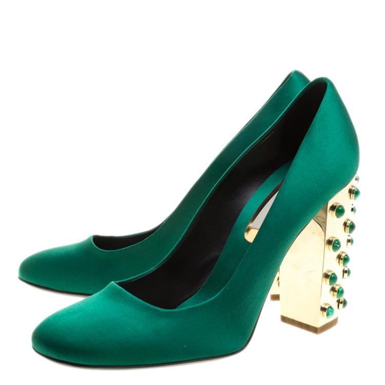 Pre Owned Stella McCartney Green Satin Cabochon Stone Embellished Pumps Size 40