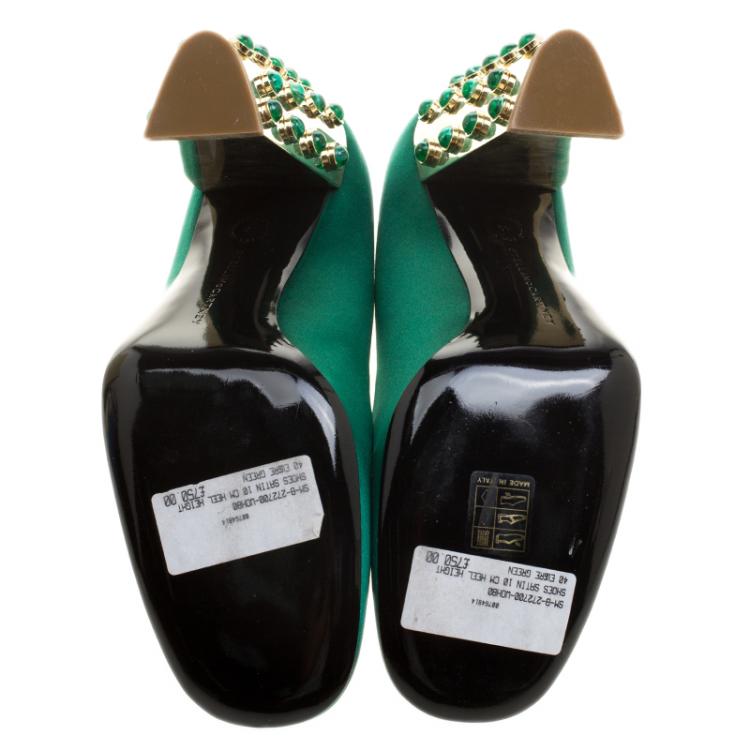 Pre Owned Stella McCartney Green Satin Cabochon Stone Embellished Pumps Size 40