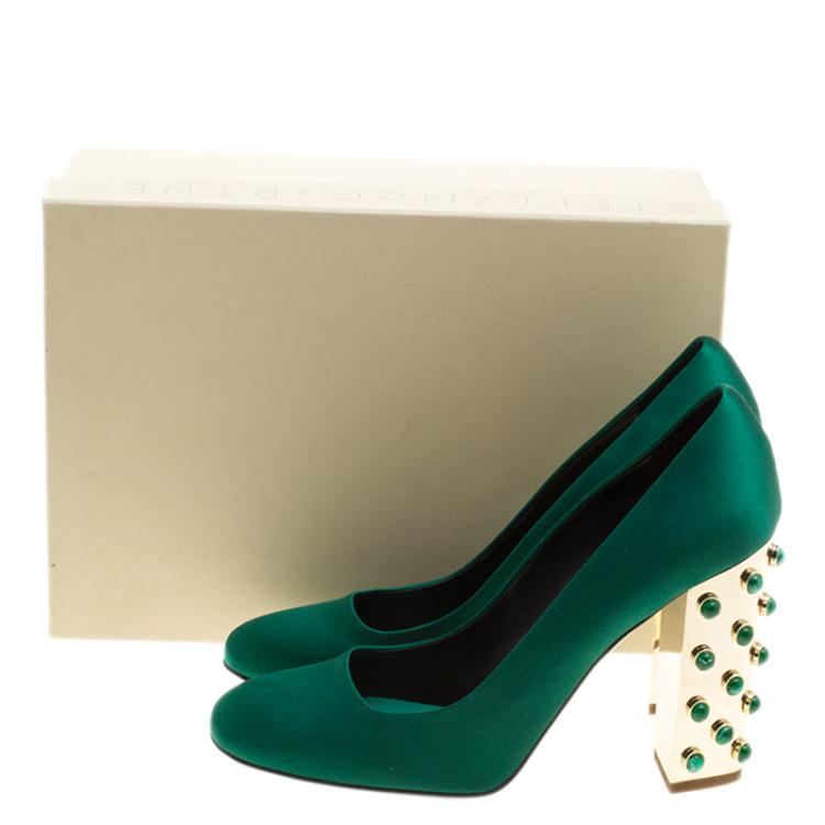 Pre Owned Stella McCartney Green Satin Cabochon Stone Embellished Pumps Size 40