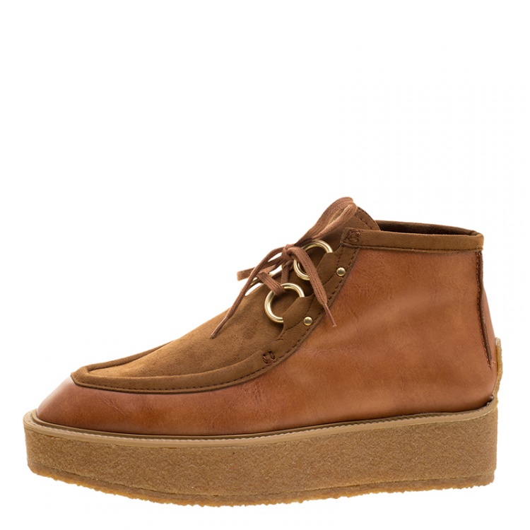 Pre Owned Stella McCartney Brown Faux Suede and Leather High Clipper Platform Ankle Boots Size 37