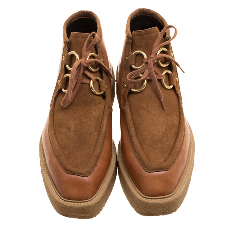 Pre Owned Stella McCartney Brown Faux Suede and Leather High Clipper Platform Ankle Boots Size 37