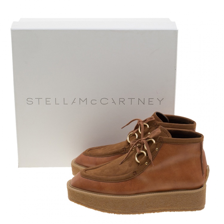 Pre Owned Stella McCartney Brown Faux Suede and Leather High Clipper Platform Ankle Boots Size 37