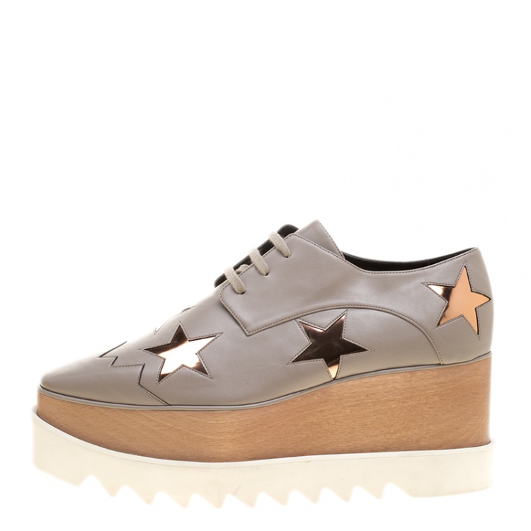 Pre Owned Stella McCartney Beige Faux Leather Elyse Star Platform Lace Up Derby Size 40.5