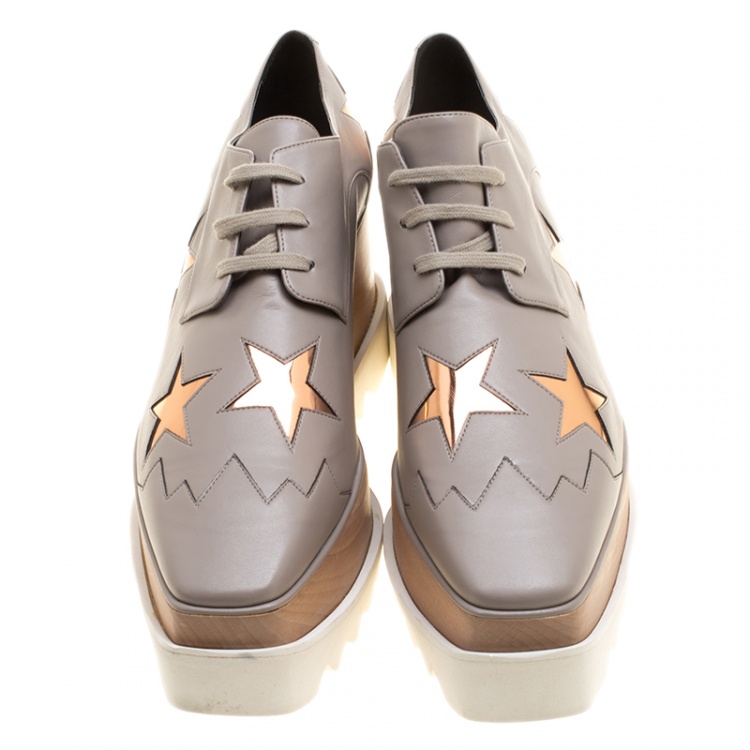 Pre Owned Stella McCartney Beige Faux Leather Elyse Star Platform Lace Up Derby Size 40.5
