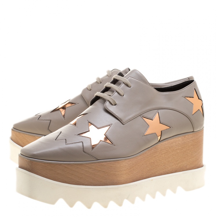 Pre Owned Stella McCartney Beige Faux Leather Elyse Star Platform Lace Up Derby Size 40.5