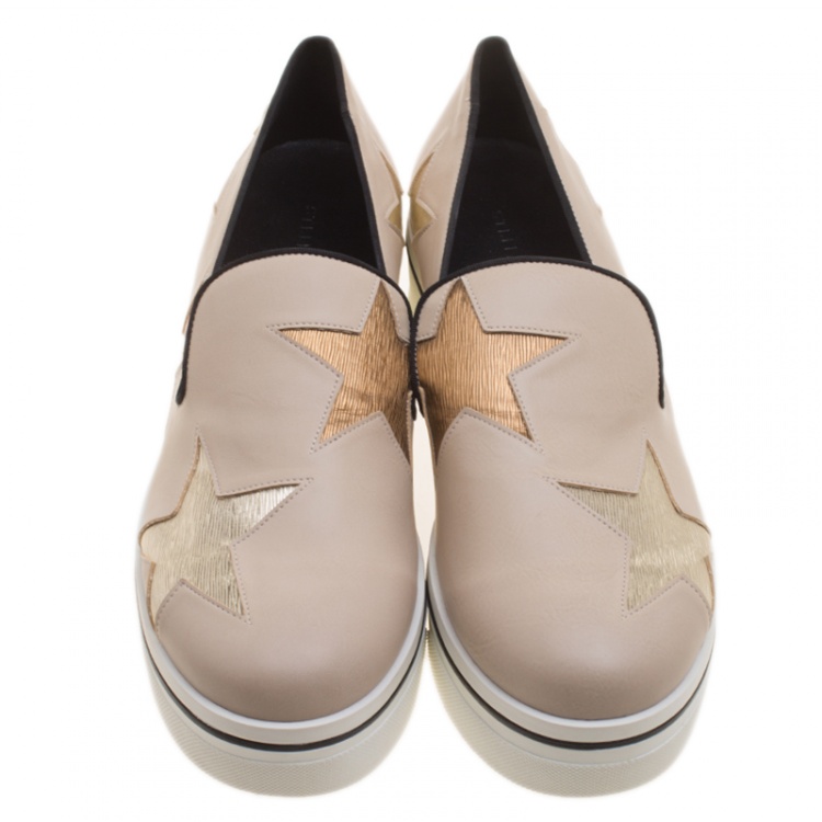 Pre Owned Stella McCartney Beige Faux Leather and Metallic Fabric Binx Star Platform Slip On Sneakers Size 41