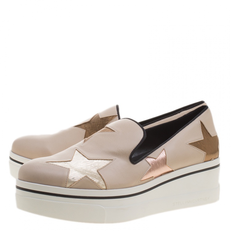 Pre Owned Stella McCartney Beige Faux Leather and Metallic Fabric Binx Star Platform Slip On Sneakers Size 41