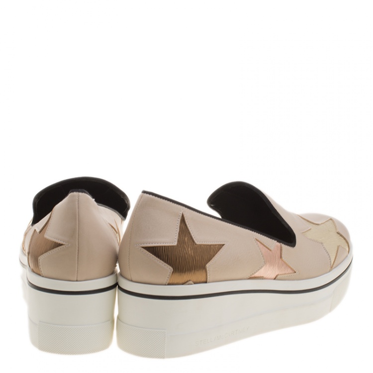 Pre Owned Stella McCartney Beige Faux Leather and Metallic Fabric Binx Star Platform Slip On Sneakers Size 41